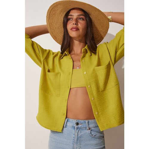  Women's Olive Oil Green Pocket Crop Shirt Cene