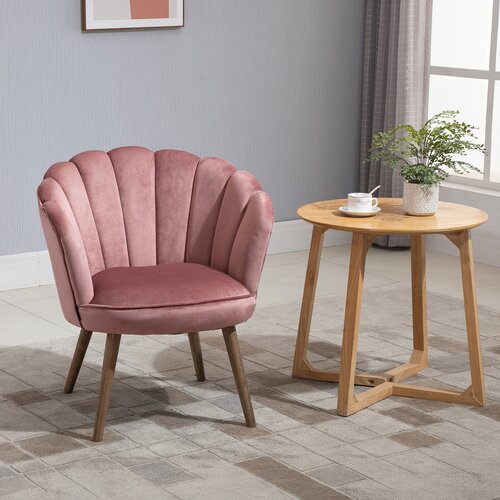 HOMCOM oblazinjen fotelj s školjkastim naslonom in lesenimi nogami, žametni fotelj za dnevno sobo in spalnico, 66x72x79cm, roza, (20755580) Cene