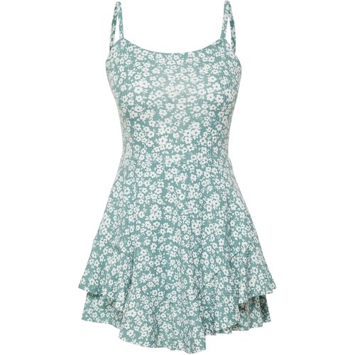 Trendyol Mint Floral Printed Strappy Flounce Mini Jumpsuit With Shorts Cene