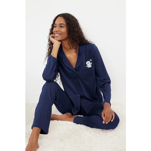 Trendyol Navy Blue Animal Button Jersey Knitted Pajama Set