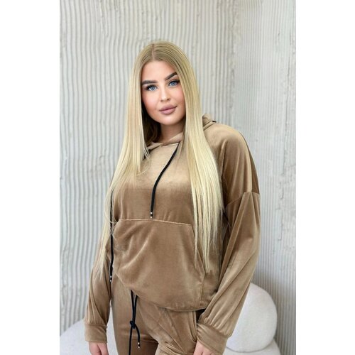 Kesi Velour set kangaroo sweatshirt + camel trousers Cene