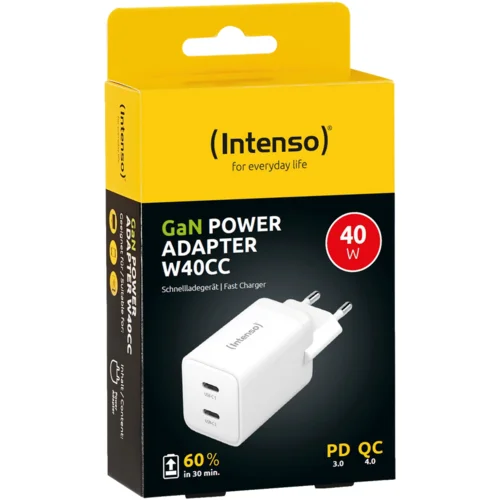 Intenso W40CC GaN USB punjač 40 W unutrašnje područje Izlazna struja maks. 3 A Broj izlaza: 2 x USB-C® GaN, USB power de