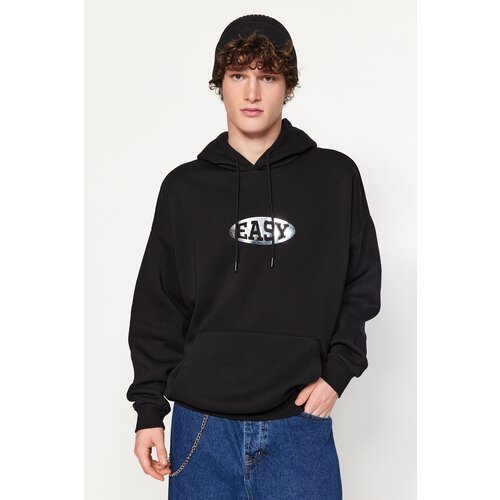 Trendyol Black Men's Oversize Hoodie with Glossy Printed Sweatshirt. Slike