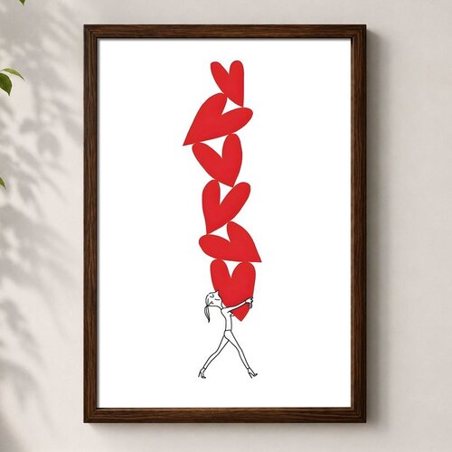 Wallxpert uramljena mdf slika 3752KACT-040, devojka nosi toranj od crvenih srca, 37 x 52 cm Cene