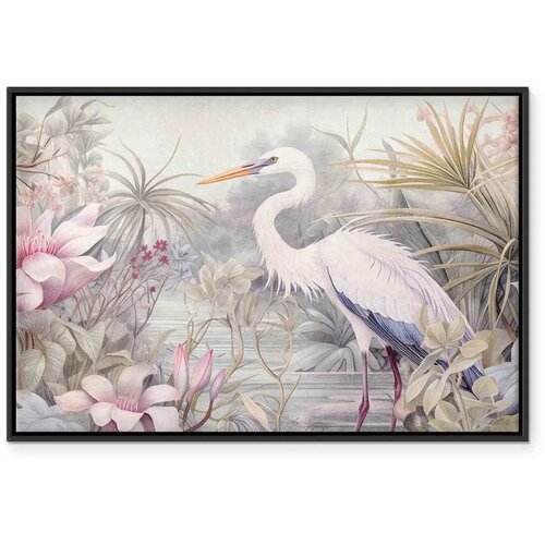  Slika - Heron wading in a pond - illustration in bright colours 120x80 U crnom drvenom okviru Slike