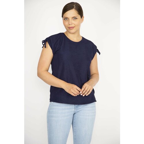 Şans Women's Navy Blue Plus Size Lace Up Shoulder Polyester Fabric Blouse Slike