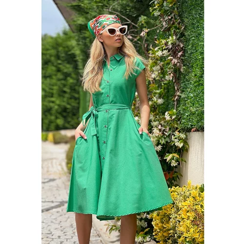 Trend Alaçatı Stili Women's Green Sleeveless Linen Woven Shirt Dress