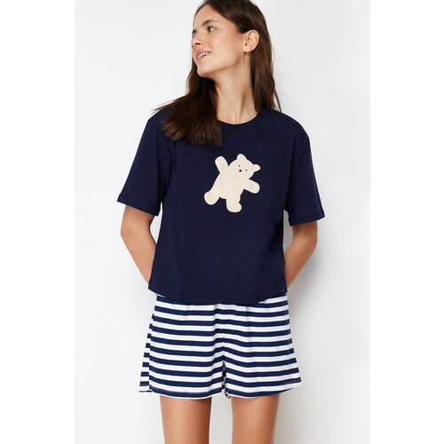 Trendyol Navy Blue 100% Cotton Teddy Bear Printed Knitted Pajamas Set Cene