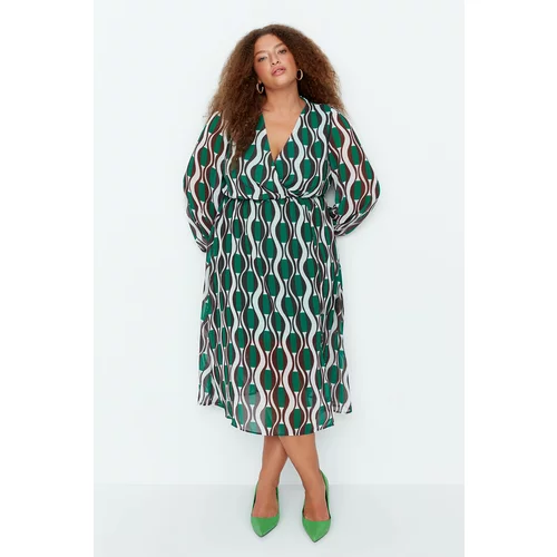 Trendyol Curve Green Ethnic Patterned Chiffon Woven Dress