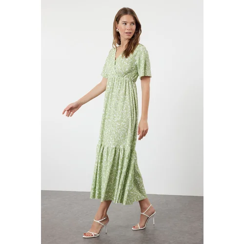 Trendyol Green Floral Double Breasted Hem Ruffled Textured Short Sleeve Stretchy Knitted Maxi Dress