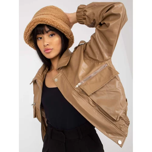 Fashion Hunters Dark beige short eco-leather jacket with pockets