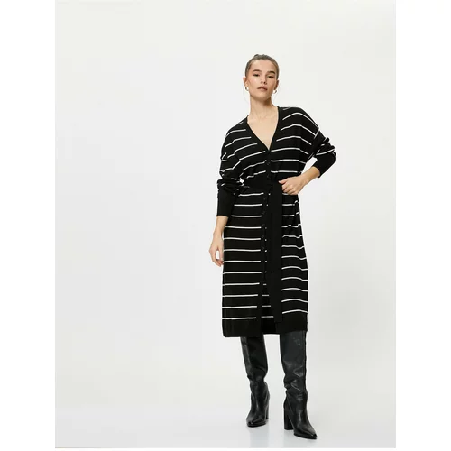 Koton Long Knitwear Cardigan V-Neck with Buttons and Belted Waist.