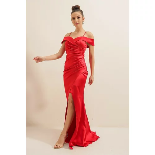 By Saygı Boat Neck Skirt Pleated Lined Long Satin Dress Red