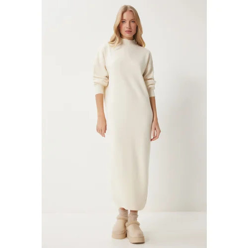 Happiness İstanbul Women's Bone Turtleneck Long Knit Dress