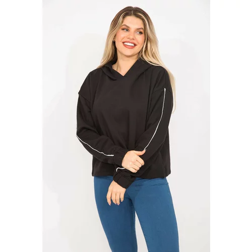 Şans Women's Plus Size Black Piping Detail Hooded Sweatshirt