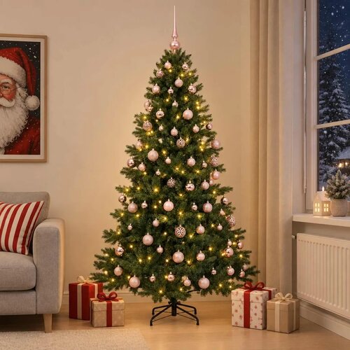  Umjetno božićno drvce s kuglicom 180 cm 300 LED lampica - 180 cm s LED-ima i ružičastim lopticama Slike