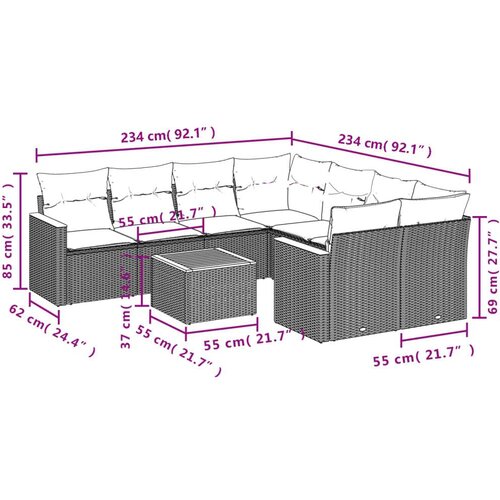 VidaXL 9-dijelni set vrtnih sofa od poliratana s jastucima sivi Slike