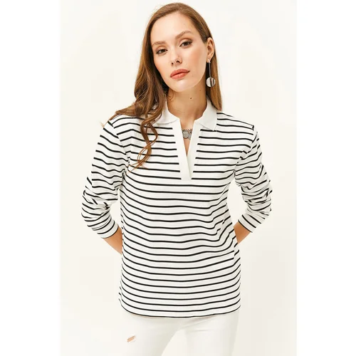 Olalook Women's White Polo Neck Striped Sweatshirt