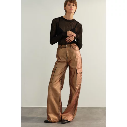 Trendyol Limited Edition Bronze Wide Leg Shiny Printed Jeans