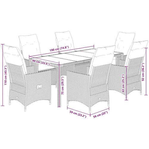  7-dijelni vrtni blagovaonski set s jastucima crni od poliratana Crna 190 x 90 x 75 cm Slike