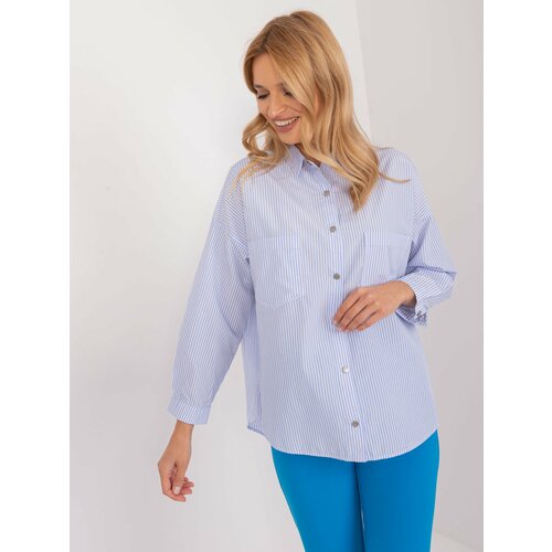 Fashion Hunters Light blue and white women's oversize shirt with collar Slike