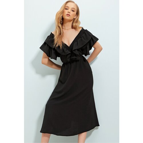 Trend Alaçatı Stili Women's Black Collared Gipe And Flounced Waist Belted Midi-Length Woven Dress Slike
