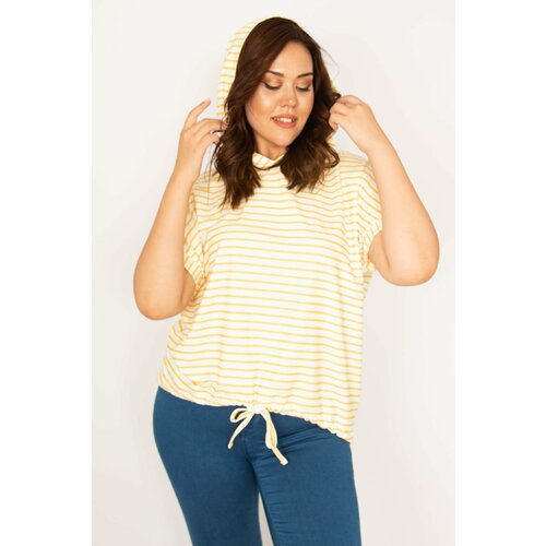 Şans Women's Plus Size Yellow Hooded Striped Sweatshirt Slike