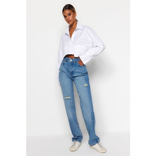 Trendyol Blue Ripped High Waist Long Straight Jeans Slike