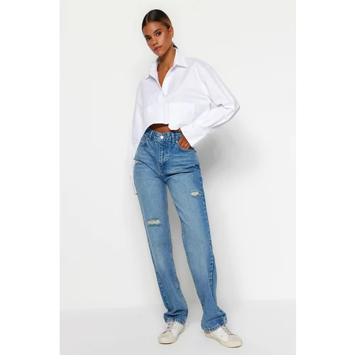 Trendyol Blue Ripped High Waist Long Straight Jeans