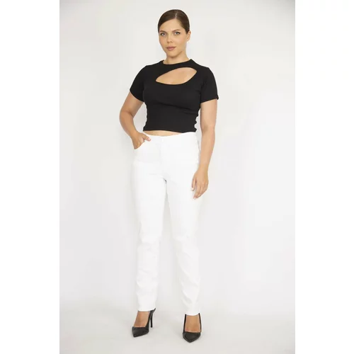 Şans Women's Plus Size Bone High Waist Lycra 5-Pocket Jeans with Elastic Side Belt.