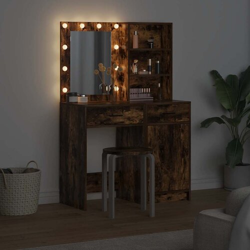  Set stola za oblačenje s LED s ladicama 2 pcs Dimljeni hrast Slike