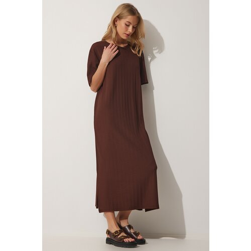 Happiness İstanbul Women's Brown Loose Long Daily Summer Knitted Dress Slike