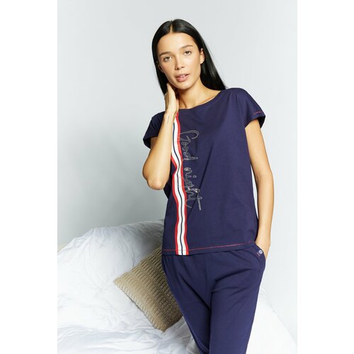 Monnari Woman's Pyjamas Pajama Top With Rhinestone Inscription Navy Blue Slike