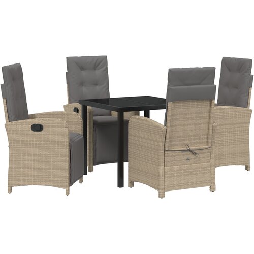 VidaXL Set od 5 dijelova vrtne blagovaonice s jastučićima bež poli ratan, vrtni stol crni 80x80x73 cm od kaljenog stakla Slike