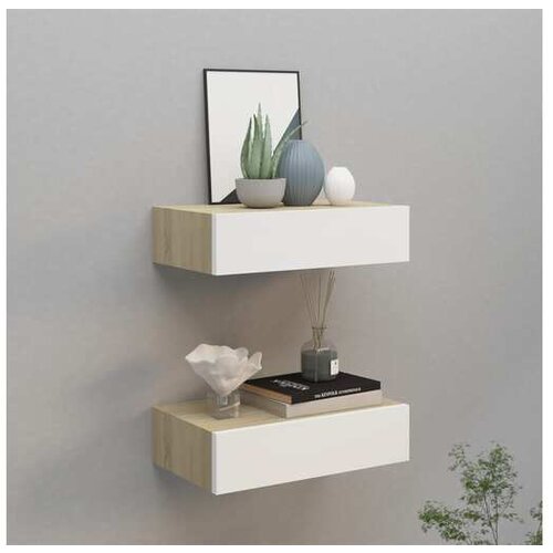  Stenska polica s predalom 2 kosa hrast in bela 40x23,5x10cm MDF Cene