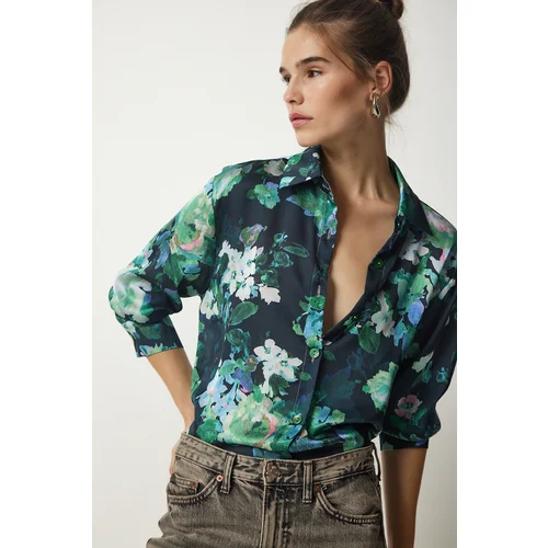  Women's Black Green Patterned Flowy Shirt