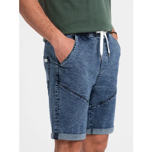 Ombre Turn-up men's short denim shorts with stitching - dark blue