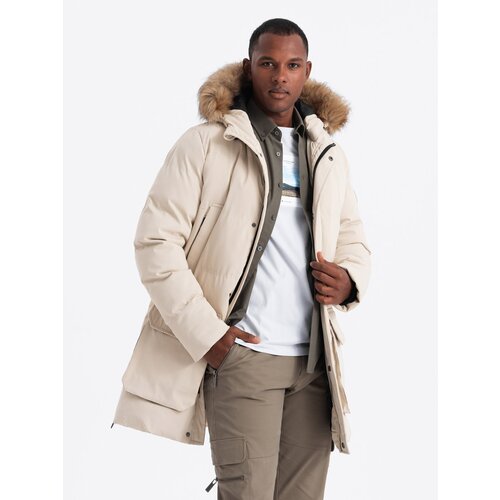 Ombre Men's long parka jacket with flared bottom - cream Cijene