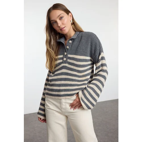 Trendyol Anthracite Ganesh Pattern Crew Neck Striped Knitwear Sweater