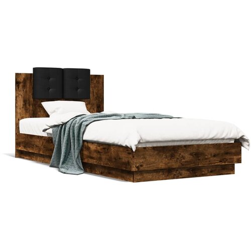 Maison Chic Posteljni okvir - Enojna postelja - Postelja za odrasle z vzglavjem dimljen hrast 90x200 cm inž. les-J9512, (21767934) Cene