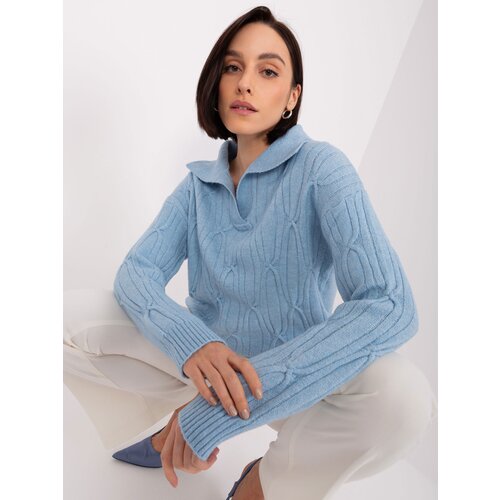 Fashion Hunters Light blue sweater with cables and collar Slike