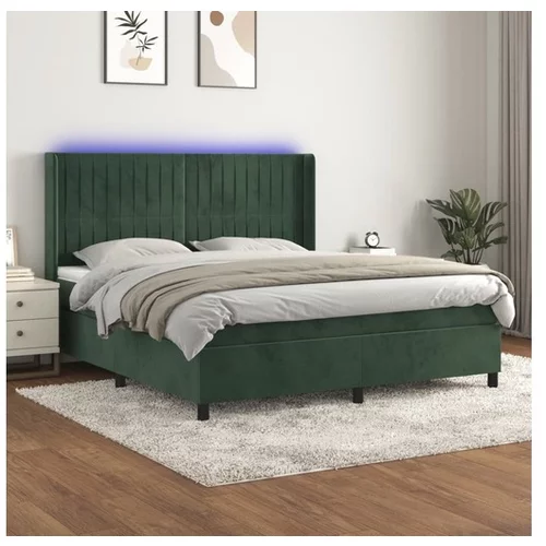 vidaXL Box spring postelja z vzmetnico LED tem. zelena 180x2