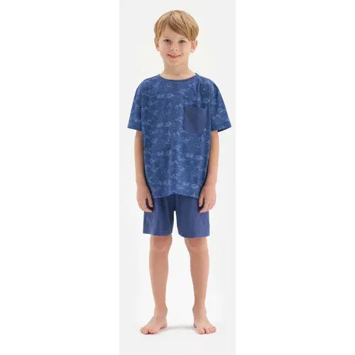 Dagi Navy Blue Printed Printed Pocket Detailed Short Sleeve T-Shirt, Shorts and Pajamas Set.