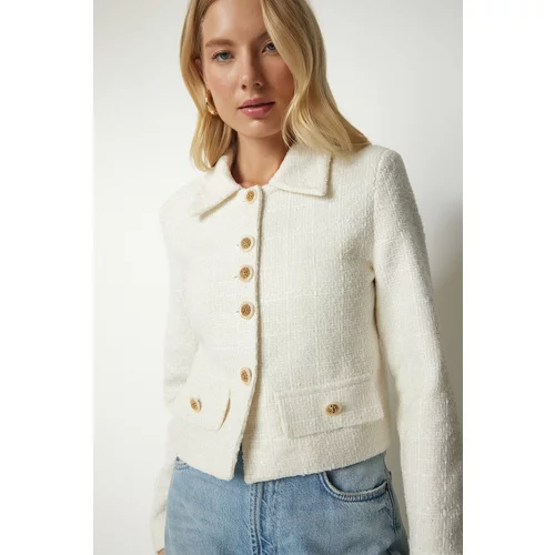 Happiness İstanbul Women's Cream Stylish Button Detailed Tweed Crop Jacket