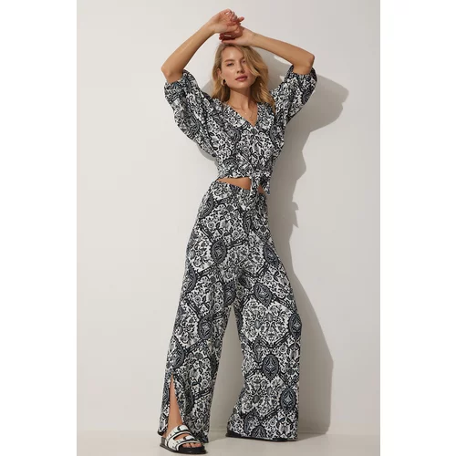 Happiness İstanbul Women's Black and White Patterned Blouse and Wide Pants Suit