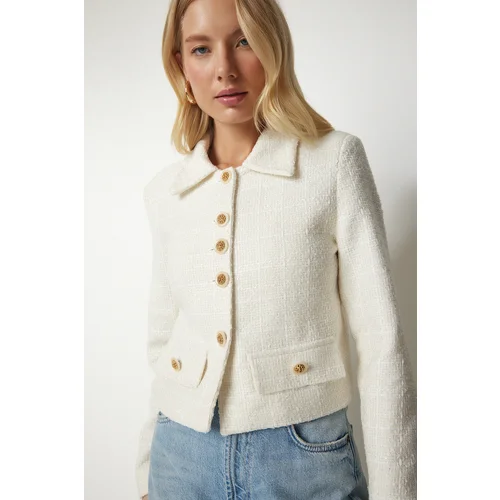  Women's Cream Stylish Button Detailed Tweed Crop Jacket