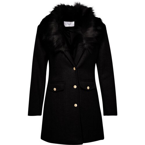 Trendyol Black Premium Fur Collar Detailed Coat with Gold Buttons Cene