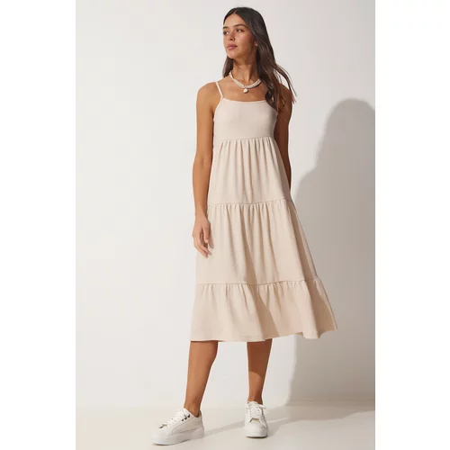 Happiness İstanbul Women's Cream Straps, Flounces Summer Knitted Dress