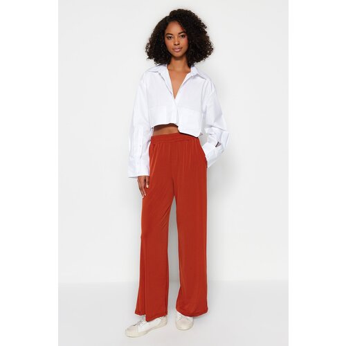 Trendyol Cinnamon Wide Leg/Casual Fit High Waist Stretchy Knitted Pants Slike
