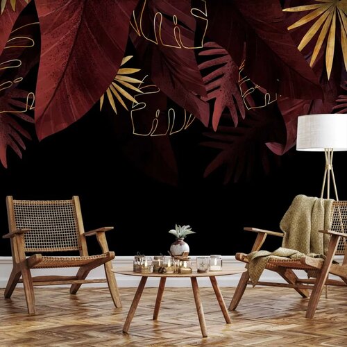  Foto tapeta - Jungle and composition - red and gold leaf motif on black background 150x105 Cijene